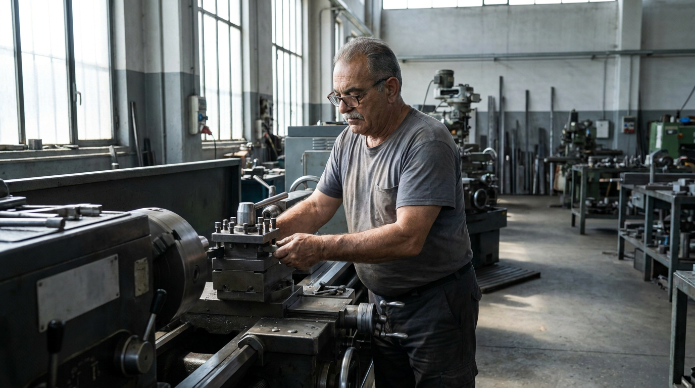 Renato al tornio nel capannone dell'officina