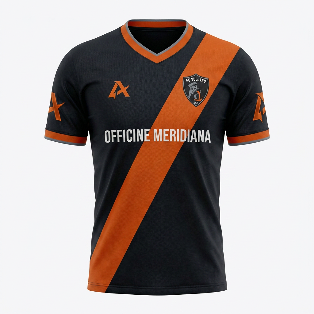 Maglia AC Vulcano fronte, banda arancio diagonale e sponsor Officine Meridiana