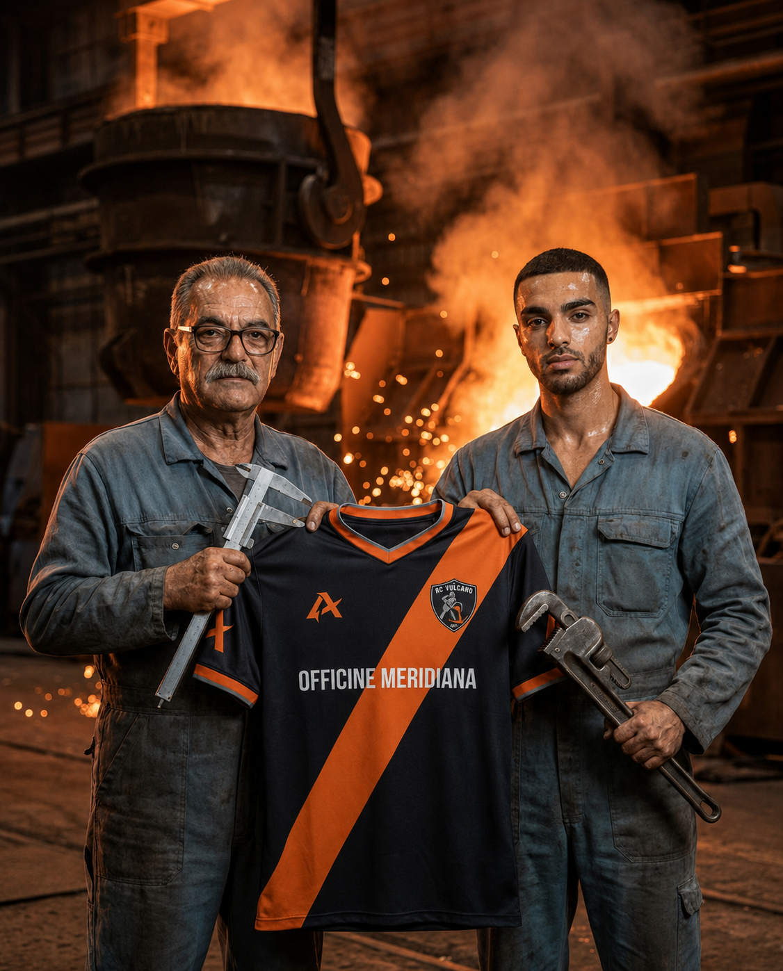 Due operai dell'acciaieria presentano la maglia tra le colate