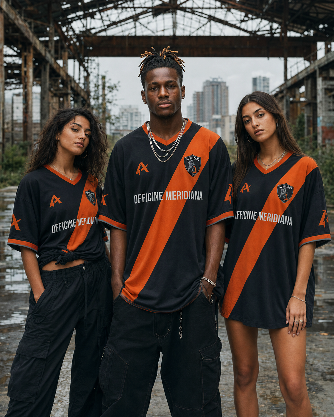 Kevin Sow con due ragazze di Sesto indossa la maglia in un capannone industriale dismesso