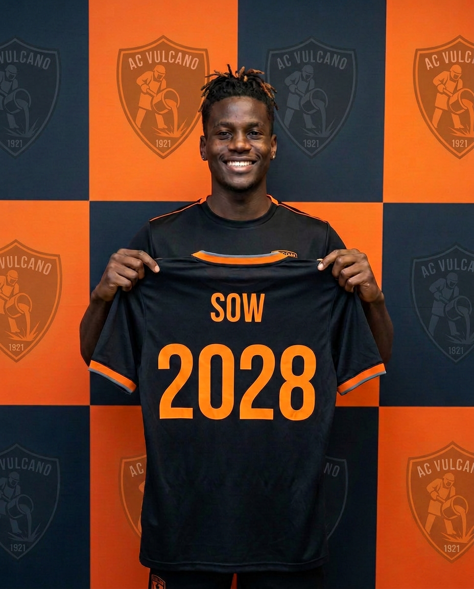 Kevin Sow mostra la maglia con scritta 2028 per il rinnovo del contratto