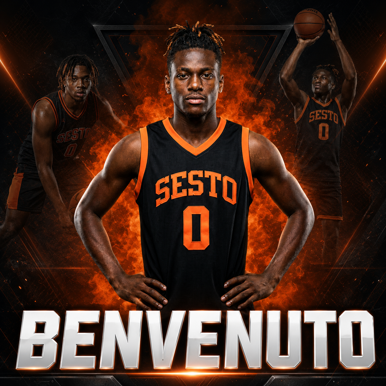 Annuncio nuovo giocatore di basket, scritta BENVENUTO, maglia Sesto numero 0
